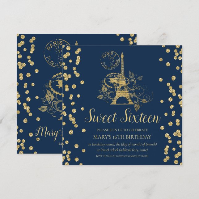 Gold Sweet Sixteen Paris Glitter Confetti Navy Blu Invitation (Front/Back)