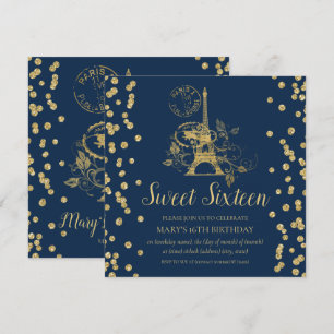 Gold Sweet Sixteen Paris Glitter Confetti Navy Blu Invitation