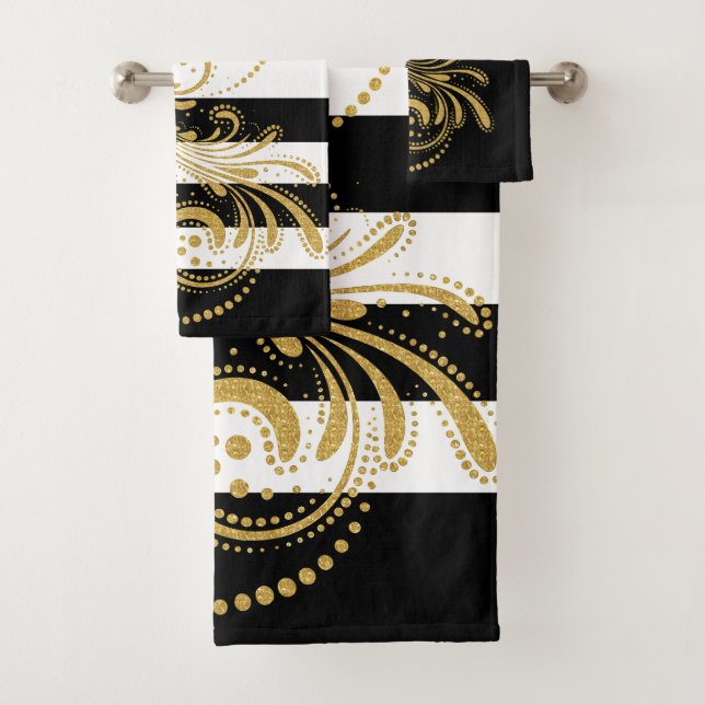 Gold swirl black and white stripes bath towel set (Insitu)