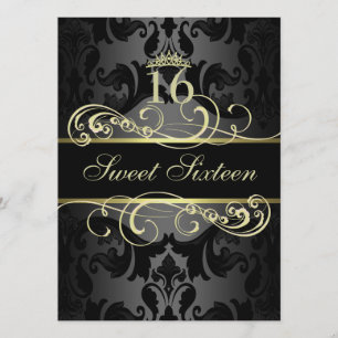 Gold Swirl Damask Sweet16 Birthday Invite