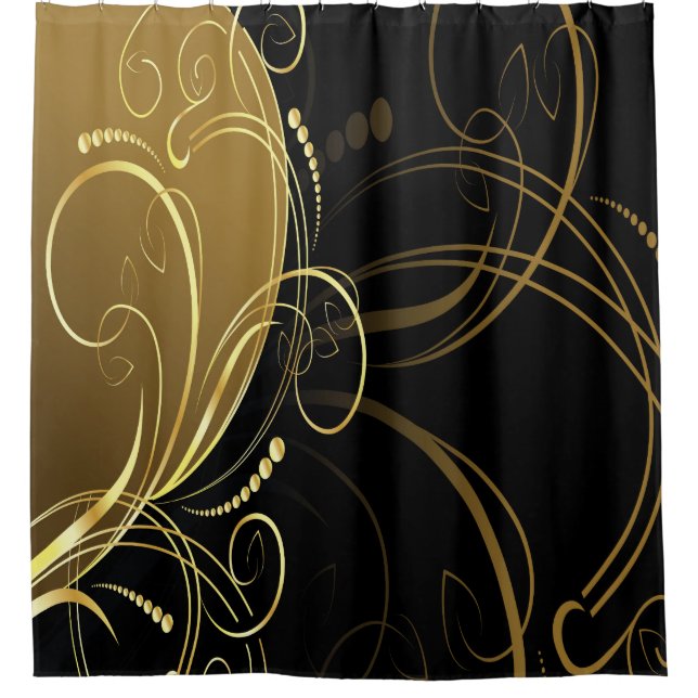 gold swirl,floral,black,chic,modern,design,elegant shower curtain (Front)