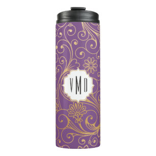 Gold swirl floral purple monogram thermal tumbler
