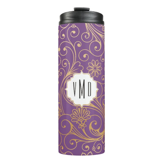 Gold swirl floral purple monogram thermal tumbler (Front)