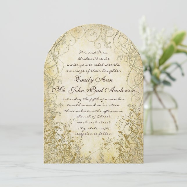 Gold Swirl Gold Metallic Wedding Invitations (Standing Front)