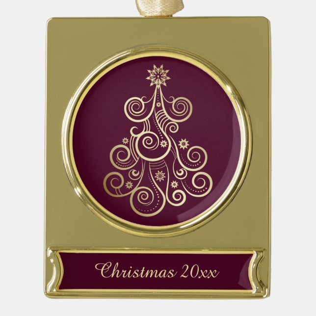 Gold Swirl Holiday Tree Gold Plated Banner Ornament (Front)