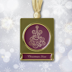 Gold Swirl Holiday Tree Gold Plated Banner Ornament