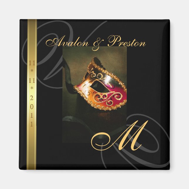 Gold Swirl Masquerade Mask Save The Date Magnet (Front)