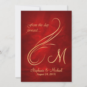 Gold Swirl Monogram Bright Red Wedding Invitation
