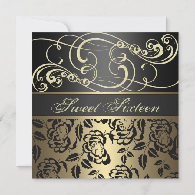 Gold Swirl & Rose Sweet 16th Birthday Invitation (Front)