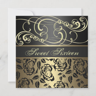 Gold Swirl & Rose Sweet 16th Birthday Invitation