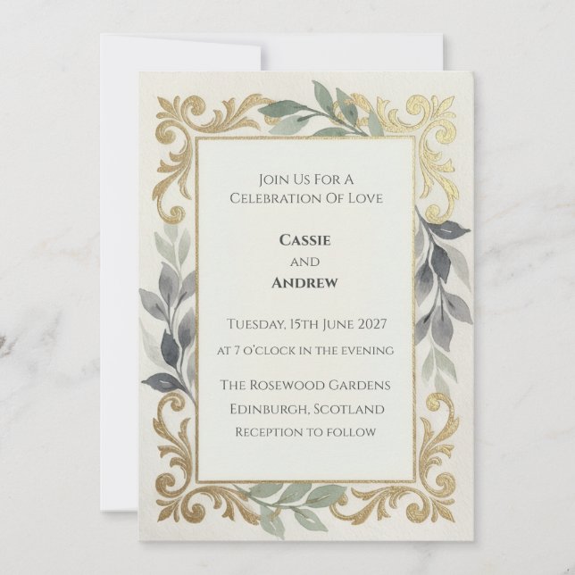 Gold Swirl Sage Foliage Wedding Invitation (Front)