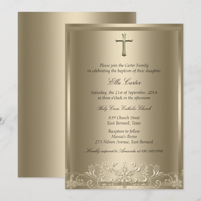 Gold Swirl Snowflake & Cross Girl Baptism Invite (Front/Back)