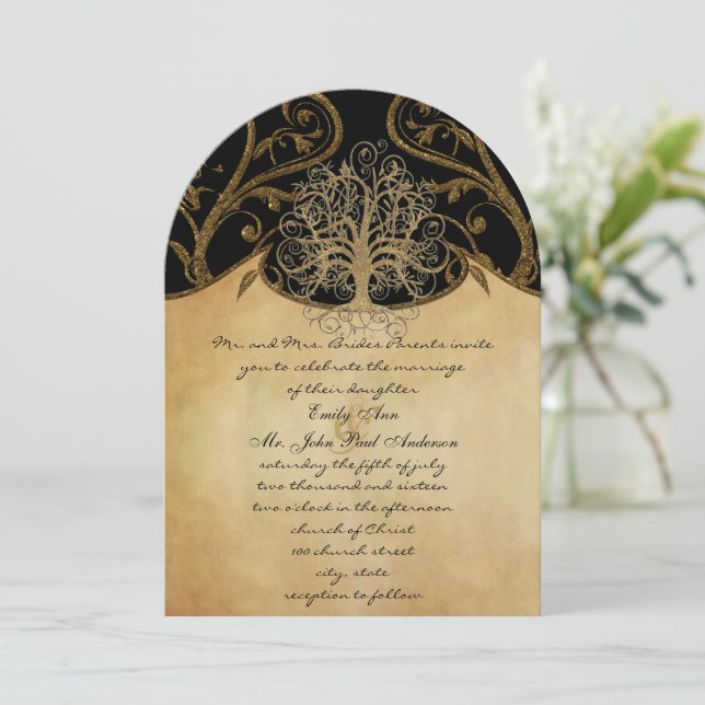 Gold Swirl Tree Gold & Black Metallic Wedding Invitation (Standing Front)