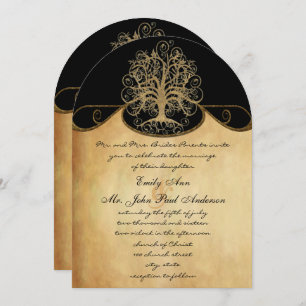 Gold Swirl Tree Gold & Black Metallic Wedding Invitation