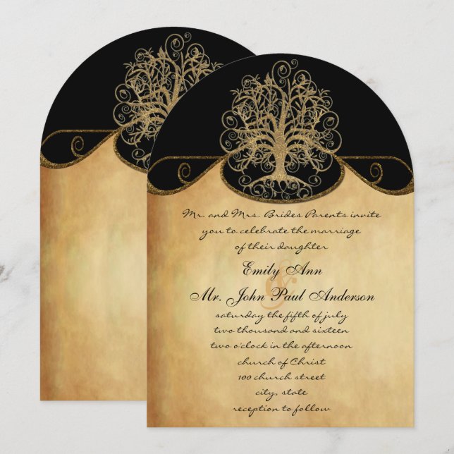 Gold Swirl Tree Gold & Black Metallic Wedding Invitation (Front/Back)