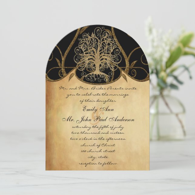 Gold Swirl Tree Gold & Black Metallic Wedding Invitation (Standing Front)