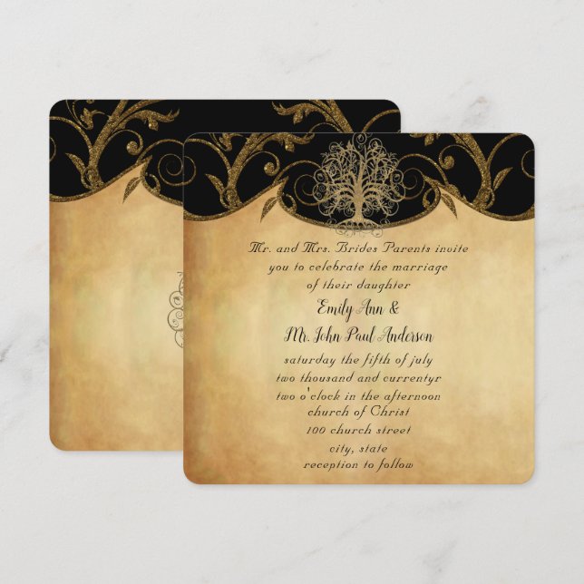 Gold Swirl Tree Gold & Black Metallic Wedding Invitation (Front/Back)