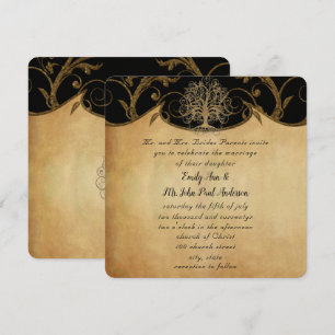 Gold Swirl Tree Gold & Black Metallic Wedding Invitation