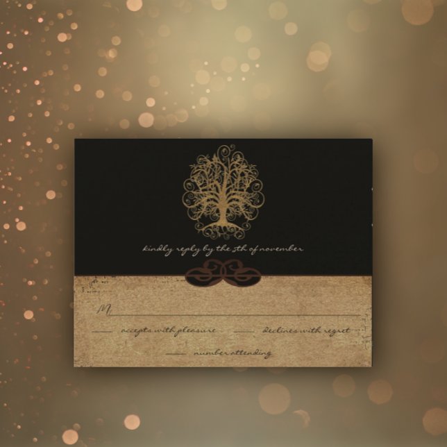 Gold Swirl Tree Gold & Black Metallic Wedding RSVP Card (Creator Uploaded)