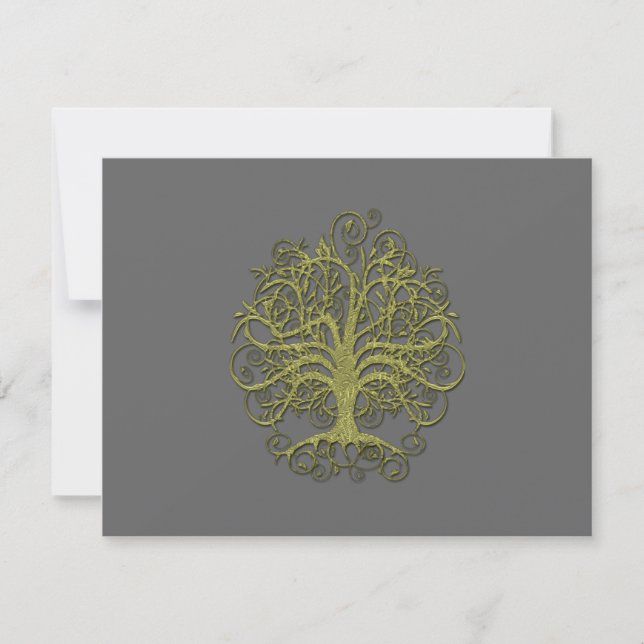 Gold Swirl Tree on Grey Wedding  Reception Card (Front)