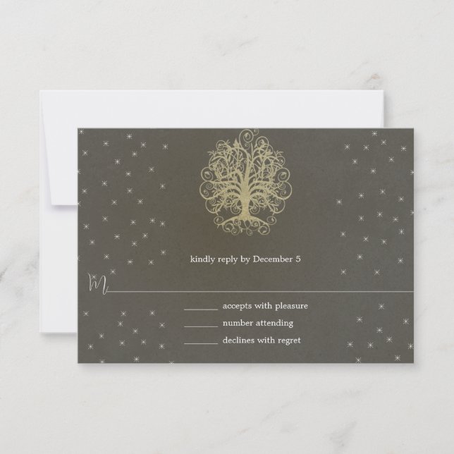 Gold Swirl Tree on Grey Wedding  Response Card #4 (Front)