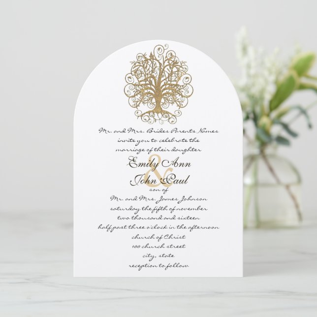 Gold Swirl Tree Wedding Invitation (Standing Front)