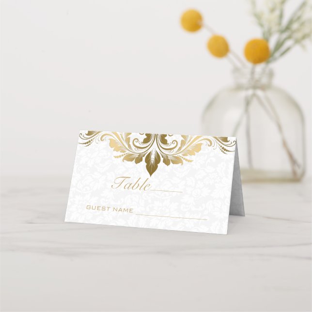 Gold Swirl & White Damasks Place Card (Front)