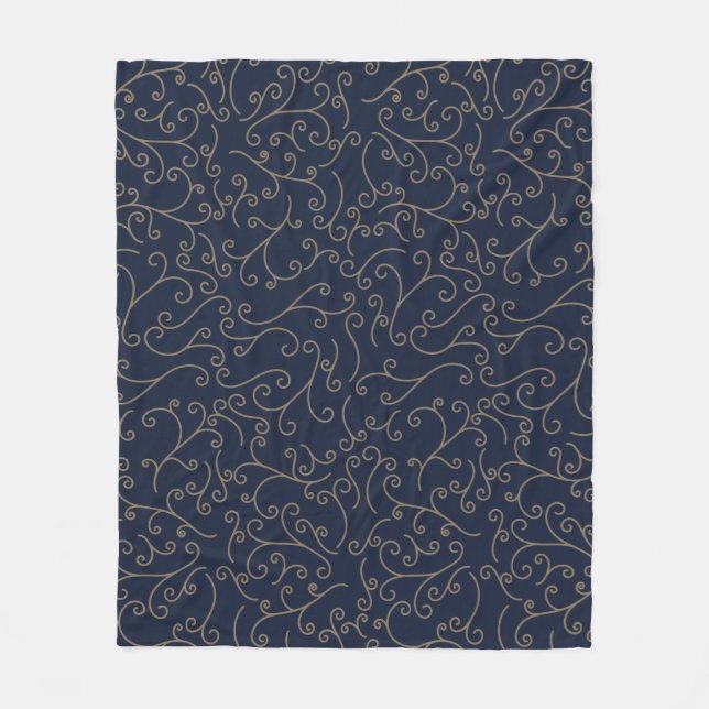 Gold Swirling Filigree Pattern on Dark Navy Fleece Blanket (Front)
