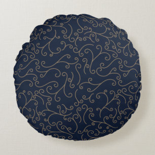 Gold Swirling Filigree Pattern on Dark Navy Round Cushion