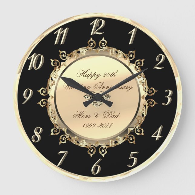 Gold Swirls 25th Wedding Anniversary Large Clock (Front)