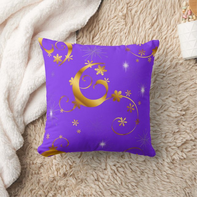 Gold Swirls and Stars Purple Christmas Cushion (Blanket)