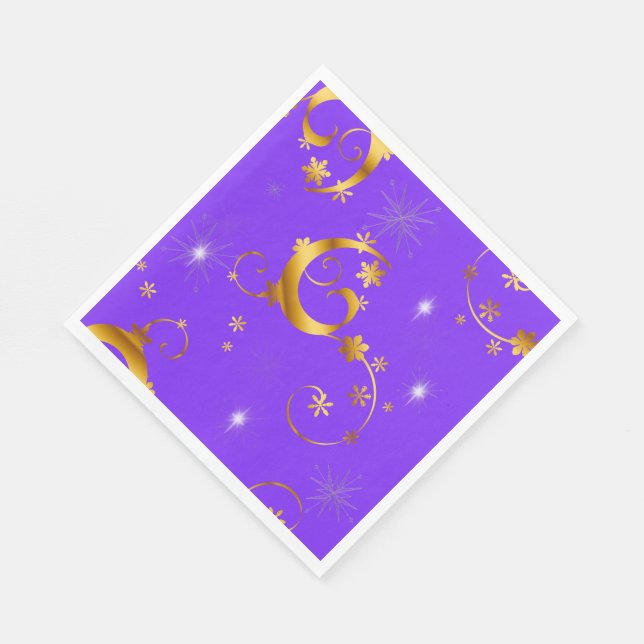 Gold Swirls and Stars Purple Christmas Napkin (Corner)