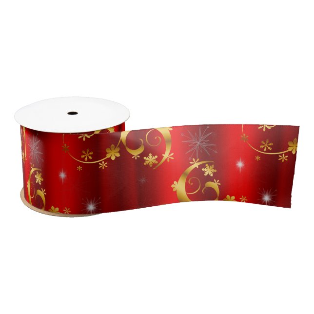 Gold Swirls and Stars Red Christmas Satin Ribbon (Spool)