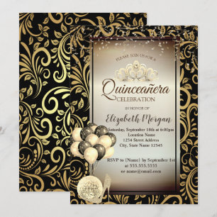 Gold Swirls,Balloons,High Heels,Tiara Quinceañera Invitation