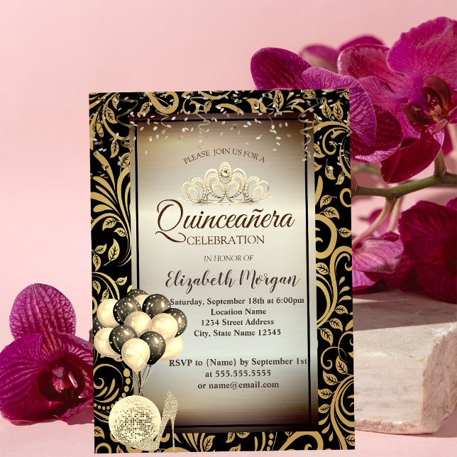 Gold Swirls,Balloons,High Heels,Tiara Quinceañera Invitation (Creator Uploaded)