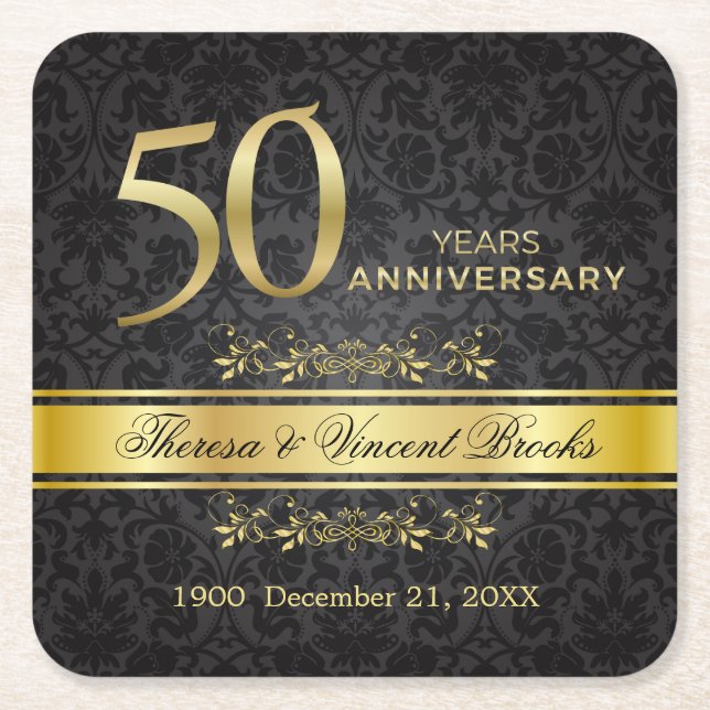 Gold Swirls Black Damask 50 Wedding Anniversary Square Paper Coaster (Front)