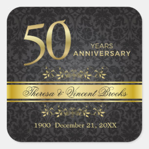 Gold Swirls Black Damask 50 Wedding Anniversary  Square Sticker