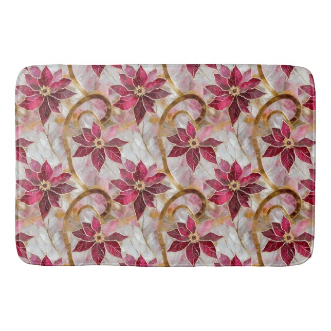 Gold Swirls Burgundy Pink Christmas Poinsettias Bath Mat (Front)