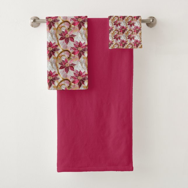 Gold Swirls Burgundy Pink Christmas Poinsettias Bath Towel Set (Insitu)