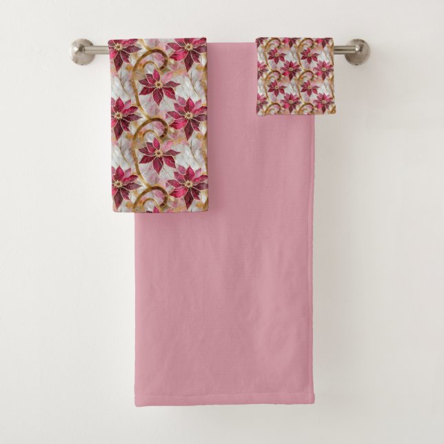 Gold Swirls Burgundy Pink Christmas Poinsettias Bath Towel Set (Insitu)