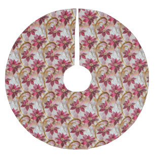 Gold Swirls Burgundy Pink Christmas Poinsettias Brushed Polyester Tree Skirt