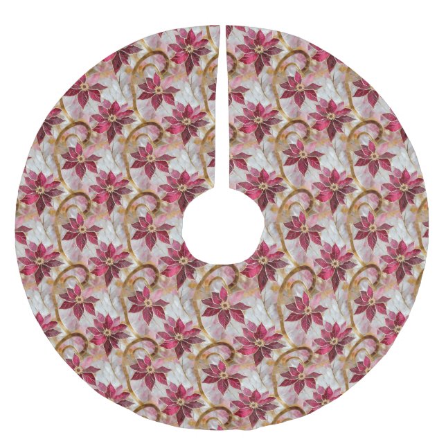 Gold Swirls Burgundy Pink Christmas Poinsettias Brushed Polyester Tree Skirt (Front)