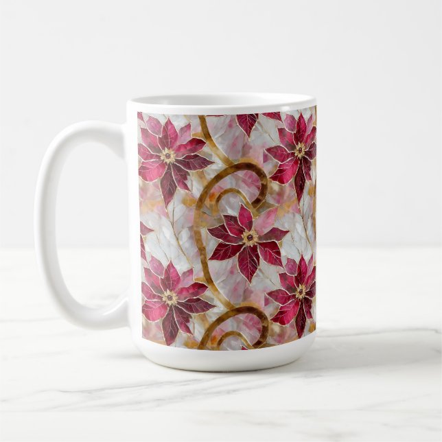 Gold Swirls Burgundy Pink Christmas Poinsettias Coffee Mug (Left)