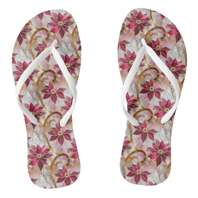 Gold Swirls Burgundy Pink Christmas Poinsettias Flip Flops (Footbed)