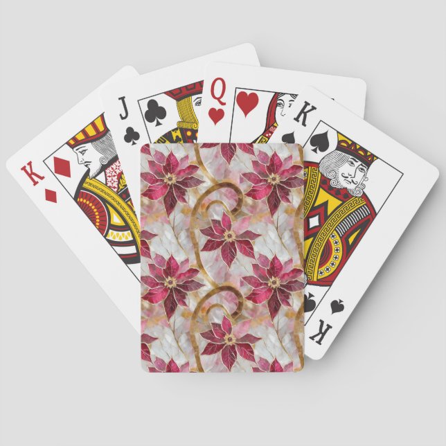 Gold Swirls Burgundy Pink Christmas Poinsettias Playing Cards (Back)