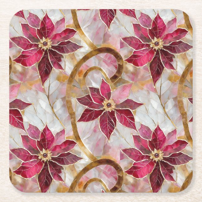 Gold Swirls Burgundy Pink Christmas Poinsettias Square Paper Coaster (Front)