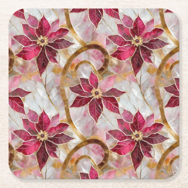 Gold Swirls Burgundy Pink Christmas Poinsettias Square Paper Coaster (Front)