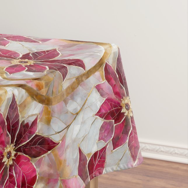 Gold Swirls Burgundy Pink Christmas Poinsettias Tablecloth (In Situ)