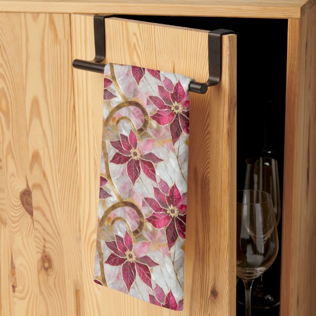 Gold Swirls Burgundy Pink Christmas Poinsettias Tea Towel (Thirds Fold)