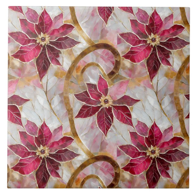 Gold Swirls Burgundy Pink Christmas Poinsettias Tile (Front)